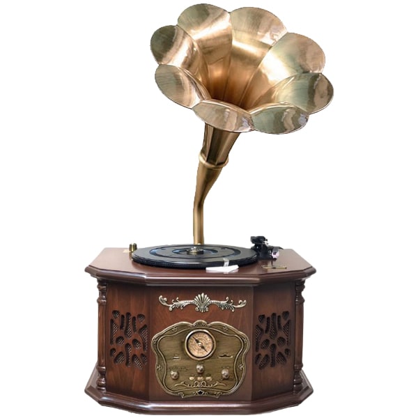 گرامافون رومیزی والتر، گرامافون سبک قدیم با قابلیت پخش رادیو، فلش، بلوتوث، پخش صفحات گرام سه سرعته و کارت حافظه | گرامافون دکوری جذاب با طراحی متفاوت مناسب هدیه | کد 2055 قهوه‌ای