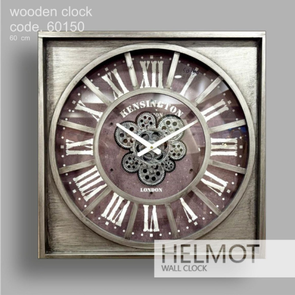  ساعت دیواری چوبی هلموت مدل 60150، ساعت دیواری چهار گوش خلاقانه با متریال ترکیبی چوب و فلز، دارای چرخ دنده هایی روی صفحه ساعت، موتور ساخت تایوان، بسته بندی مقاوم، سایز 60 سانت