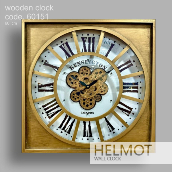  ساعت دیواری چوبی هلموت مدل 60151، ساعت دیواری چهار گوش خلاقانه با متریال ترکیبی چوب و فلز، دارای چرخ دنده هایی روی صفحه ساعت، موتور ساخت تایوان، بسته بندی مقاوم، سایز 60 سانت