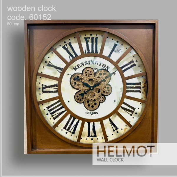  ساعت دیواری چوبی هلموت مدل 60152، ساعت دیواری چهار گوش خلاقانه با متریال ترکیبی چوب و فلز، دارای چرخ دنده هایی روی صفحه ساعت، موتور ساخت تایوان، بسته بندی مقاوم، سایز 60 سانت