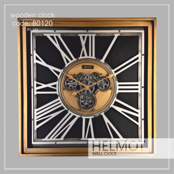  ساعت دیواری چوبی هلموت مدل 80120، ساعت دیواری چهار گوش خلاقانه با متریال ترکیبی چوب و فلز، دارای چرخ دنده هایی روی صفحه ساعت، موتور ساخت تایوان، بسته بندی مقاوم، سایز 80 سانت