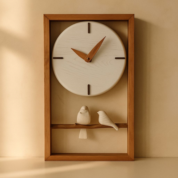 ساعت دیواری چوبی دست ساز مدل 158، ساعت دیواری تمام چوب با طراحی دست ساز، طراحی خلاقانه با طرح دو مرغ عشق