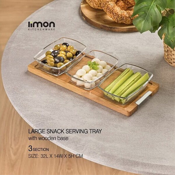 اردوخوری 3 خانه پایه چوبی برند لیمون مدل 216259، اردو خوری سه خانه پایه چوبی برای سرو شیک و منظم تنقلات و خوراکی‌های متنوع در میز پذیرایی یا آشپزخانه