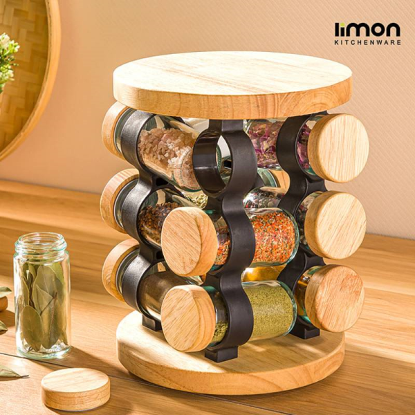 ست ادویه گردان 12 عددی چوبی برند لیمون مدل 230459، ست ادویه گردان چوبی 12 عددی برای برای نظم‌دهی و دسترسی آسان به انواع ادویه‌ها