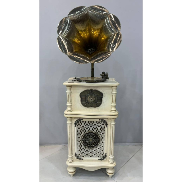 گرامافون مبله لاکچری، گرامافون نیمه فول، گرامافون سه سرعته، پخش بلوتوث، فلش و رادیو AM/FM| شیپور از جنس پلیمر | صدای استریو دارای ساب‌ووفر، رنگ سفید | مدل 2510