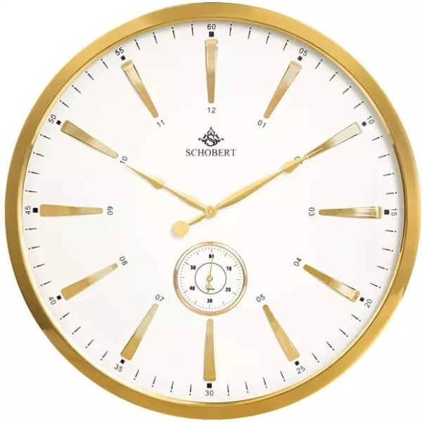 ساعت دیواری فلزی شوبرت، ساعت دیواری مدرن و فلزی جدید شوبرت، دارای موتور ثانیه شمار مستقل، سایز 50،موتور آرامگرد، رنگ طلایی صفحه سفید، مدل 5309GA