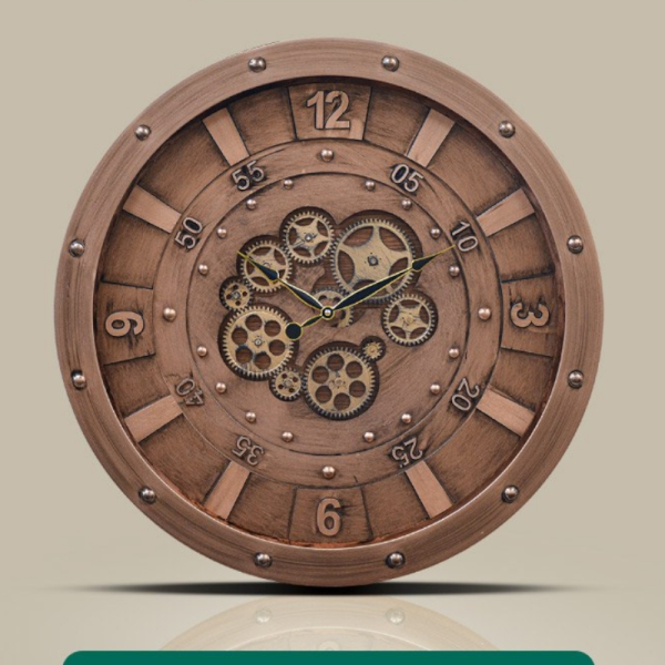 ساعت دیواری شوبرت مدل 5801، ساعت دیواری چرخ دنده دار بسیار خاص با صفحه قهوه ای، متریال قاب چوبی، سایز 60 سانت، فونت رومی، رنگ رزگلد پتینه