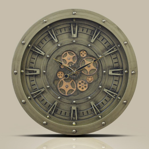 ساعت دیواری شوبرت مدل 5803، ساعت دیواری چرخ دنده دار بسیار خاص با صفحه قهوه ای، متریال قاب چوبی، سایز 60 سانت، فونت رومی، رنگ زیتونی پتینه