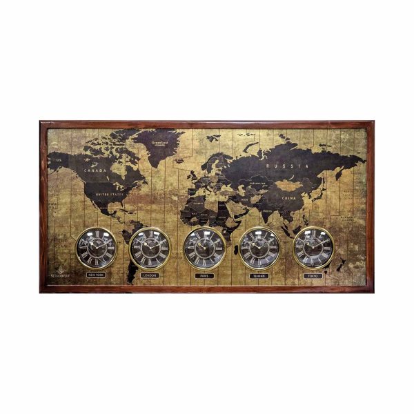 ساعت دیواری چند زمانه شوبرت مدل 6061، ساعت دیواری جهان نما طرح نقشه جهان با فریم چوبی، ساعت دیواری مناسب هتل، صرافی، سالن پذیرایی