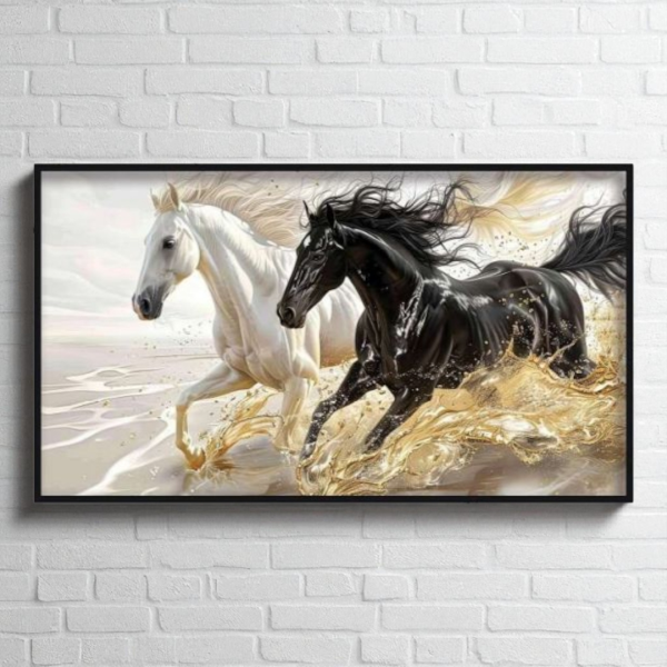 تابلو دکوراتیو شاین کد 202451، جدیدترین مدل تابلو با بالاترین کیفیت چاپ، متریال پی وی سی قاب، تابلو زیبا و جذاب، تابلو هنری با کیفیت فوق العاده و قابل شستشو طرح دو اسب مشکی سفید