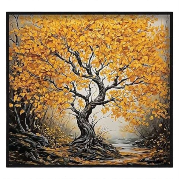 تابلو دکوراتیو شاین کد 202473، جدیدترین مدل تابلو با بالاترین کیفیت چاپ و سایز 100x100، متریال پی وی سی قاب، تابلو هنری با کیفیت فوق العاده و قابل شستشو طرح درخت برگ طلایی