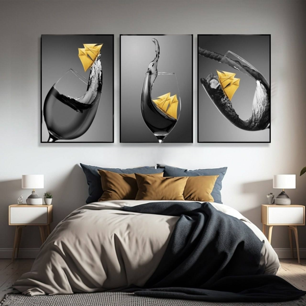 تابلو تزیینی سه تکه با طراحی گیلاس و قایق