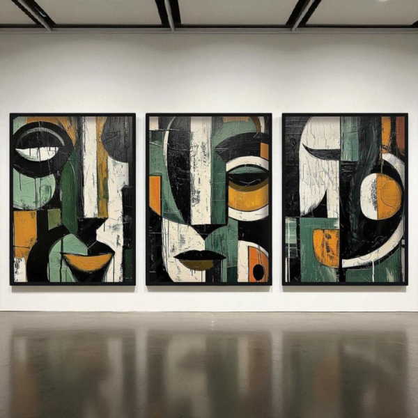 تابلو سه‌تکه دکوراتیو شاین مدل 202478، جدیدترین مدل تابلو با بالاترین کیفیت چاپ، متریال پی وی سی قاب، تابلو سه تیکه زیبا و جذاب، طرح چهره و اشکال هندسی