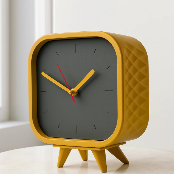 ساعت رومیزی بِتُنی مربع مدل 906، ساعت رومیزی مربع با متریال بتن، دارای رنگ بندی ویژه، طراحی فانتزی و مینیمال، موتور آرامگرد و 2 سال ضمانت، رنگ زرد طوسی