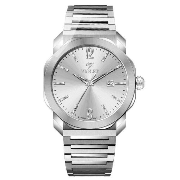 ساعت مچی مردانه ویولت کد 0627، ساعت مردانه اورجینال ساخت ژاپن، ساعت مردانه بند فلزی کلاسیک گرد با بند مدل پین و شیشه کریستال ضدخش، صفحه سفید
