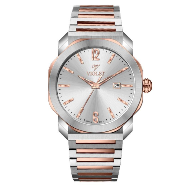 ساعت مچی مردانه ویولت کد 0627، ساعت مردانه اورجینال ساخت ژاپن، ساعت مردانه بند فلزی کلاسیک گرد با بند مدل پین و شیشه کریستال ضدخش، رزگلد صفحه سفید