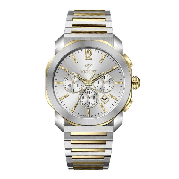 ساعت مچی مردانه ویولت Violet کد 0628/2 | ساعت مردانه اورجینال ساخت ژاپن با بند فلزی کلاسیک سه موتوره کرنوگراف، دورنگ طلایی صفحه سفید