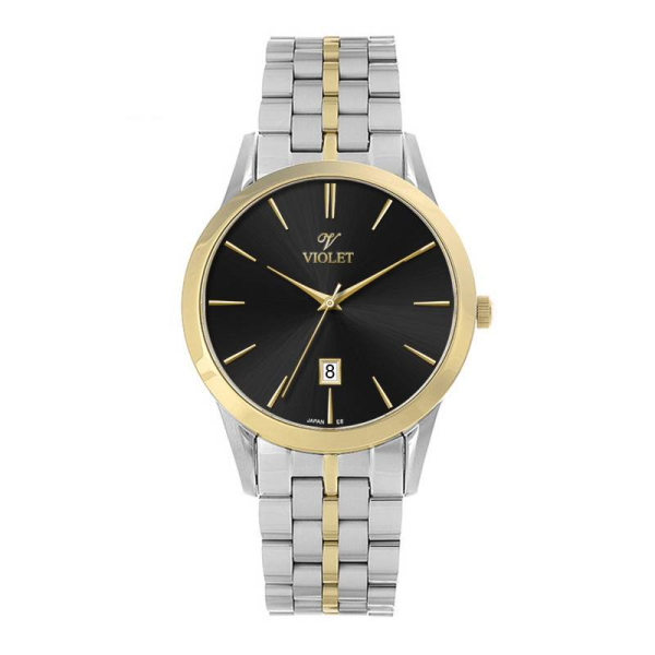 ساعت مچی زنانه ویولت Violet کد 0640/2 | ساعت زنانه اورجینال ساخت ژاپن، ساعت زنانه بند فلزی کلاسیک گرد فول دیت، تک موتوره، دو رنگ طلایی صفحه مشکی