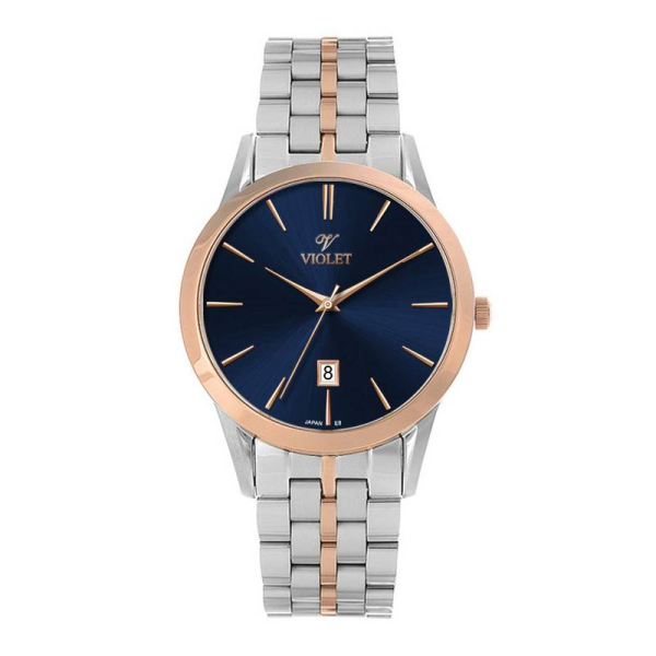 ساعت مچی زنانه ویولت Violet کد 0640/2 | ساعت زنانه اورجینال ساخت ژاپن، ساعت زنانه بند فلزی کلاسیک گرد فول دیت، تک موتوره، دو رنگ رزگلد صفحه سرمه ای