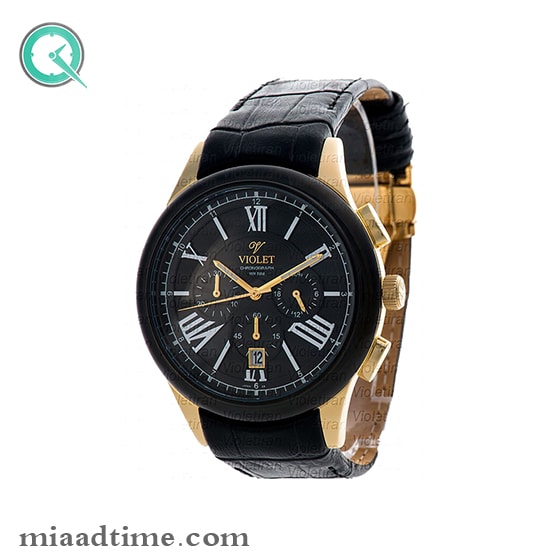 ساعت ویولت Violet مردانه اسپرت گرد چرمی طلایی مشکی صفحه مشکی کد 0401/2G