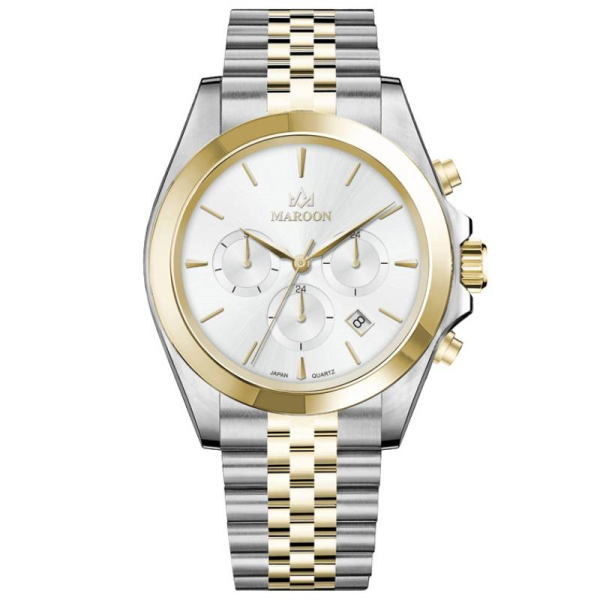 ساعت مچی مردانه ویولت Violet کد 77415/2 | ساعت مردانه اورجینال ساخت ژاپن، ساعت مردانه بند فلزی کلاسیک گرد فول دیت، تک موتوره، دو رنگ طلایی صفحه سفید