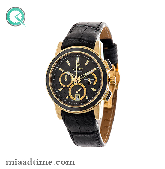 ساعت مچی ویولت،زنانه کرنوگراف، گرد چرمی،طلایی مشکی،صفحه مشکی | کد 0412/2L