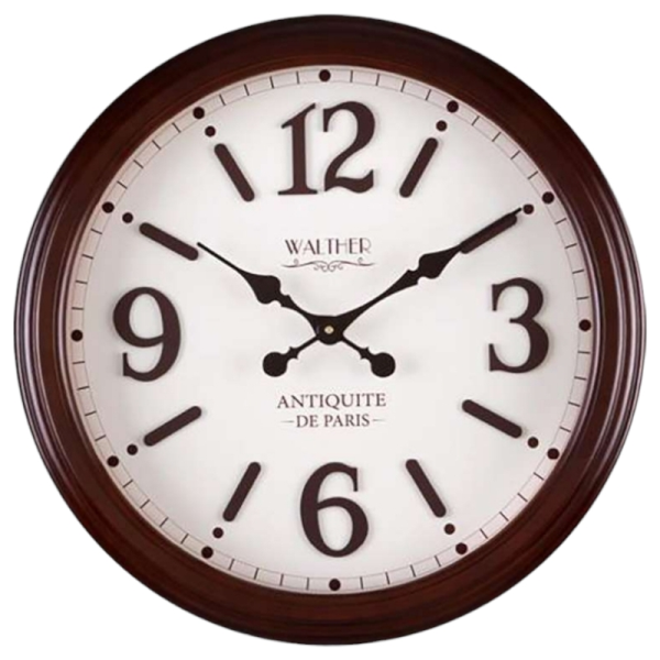 ساعت دیواری والتر Walther مدل 6034 | ساعت دیواری سایز 58 با موتور آرامگرد، بدنه و جزییات قهوه ای و صفحه کرم رنگ