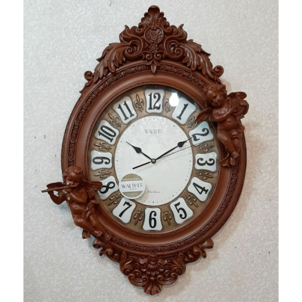 ساعت دیواری پلی رزین والتر Walther مدل 803 | ساعت دیواری آرامگرد با اعداد برجسته و مجسمه های مگنتی زیبا، رنگ قهوه ای