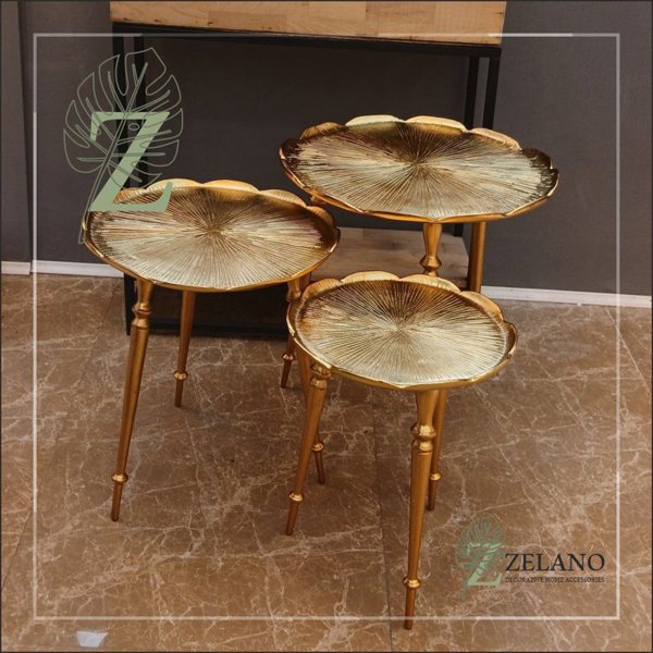 میز عسلی زلانو کد 5640، میز عسلی سه تکه مدل گل نیلوفر، آبکاری با کیفیت، دارای بسته بندی محکم، رنگ طلایی