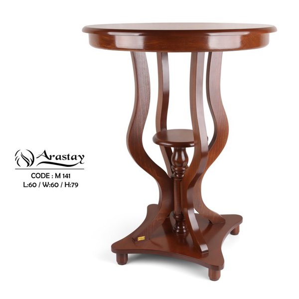 میز چوبی گرد مدل فانوس کد M141، میز تلفن پایه دار بسیار شیک و چوبی، فضایی برای نگه درای وسایل تزیینی در پایین و بالای میز