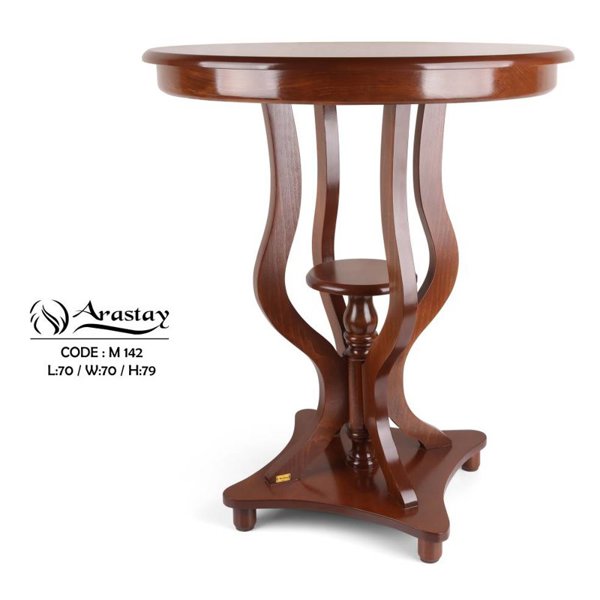 میز چوبی گرد مدل فانوس کد M142، میز خاطره پایه دار بسیار شیک و چوبی، فضایی برای نگهداری وسایل تزیینی در پایین و بالای میز