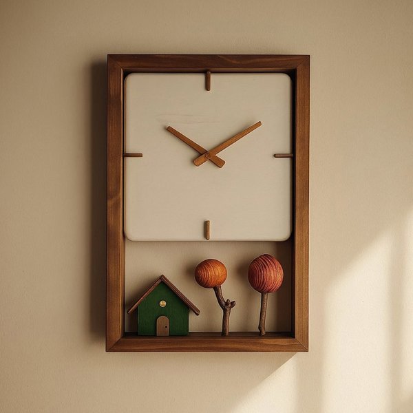 ساعت دیواری چوبی بی صدا، ساعت دیواری چوبی تزئینی دست ساز مینیمال خانه و درخت با عقربه‌های چوبی | کد 140