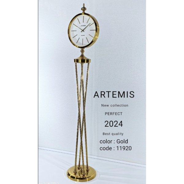 ساعت ایستاده آرتمیس مدل 5020، ساعت سالنی با آبکاری PVD درجه یک و کالکشن 2024، دارای پایه های زیبا،در چهار رنگ، موتور آرامگرد تایوانی ، رنگ طلایی صفحه سفید