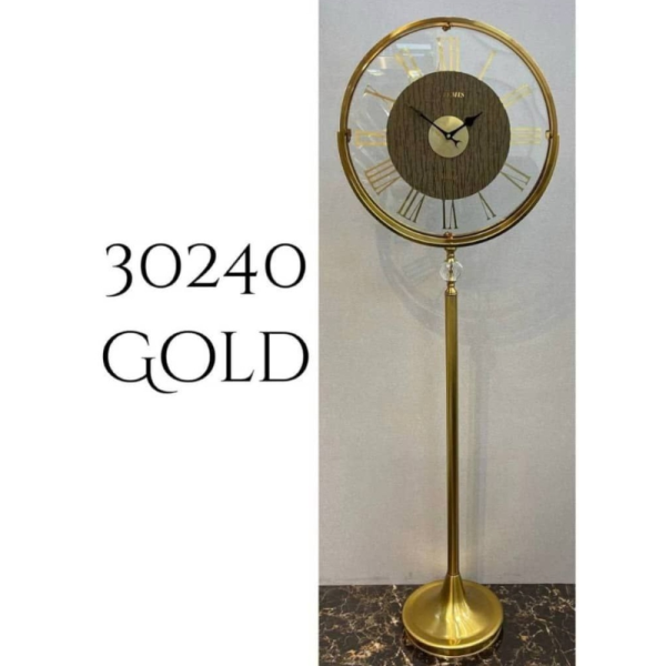 ساعت ایستاده آرتمیس مدل 30240، ساعت سالنی تمام فلزی با آبکاری فورتیک، دارای پایه مخصوص، موتور آرامگرد تایوانی و دارای دو رنگ، رنگ طلایی