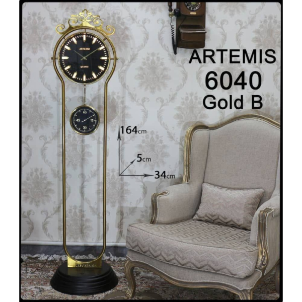 ساعت ایستاده آرتمیس مدل 6040، ساعت سالنی با پایه های زیبا ، دارای یک ساعت کوچک به عنوان ثانیه شمار جدا، در چهار رنگ، موتور آرامگرد تایوانی ، رنگ طلایی مشکی