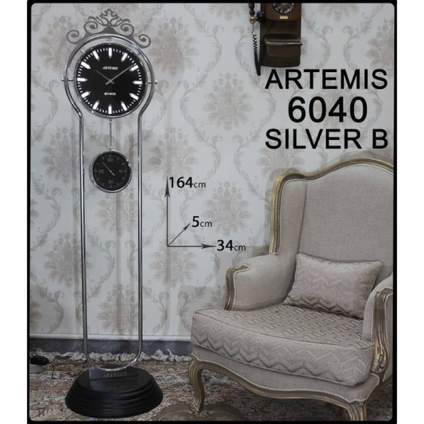 ساعت ایستاده آرتمیس مدل 6040، ساعت سالنی با پایه های زیبا ، دارای یک ساعت کوچک به عنوان ثانیه شمار جدا، در چهار رنگ، موتور آرامگرد تایوانی ، رنگ سیلور مشکی