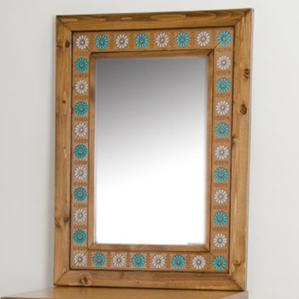 آینه چوبی لوتوس فیروزه نقره ای AY03026، آینه ای بسیار زیبا با طراحی چوبی و سنتی، سایز 80x60 سانت