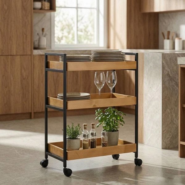 میز پذیرایی ترولی میکس مدل MXTB29013، میز ترولی سرو و پذیرایی تمام چوب، میز پذیرایی شیک و خاص، مناسب برای رستوران و تالارها