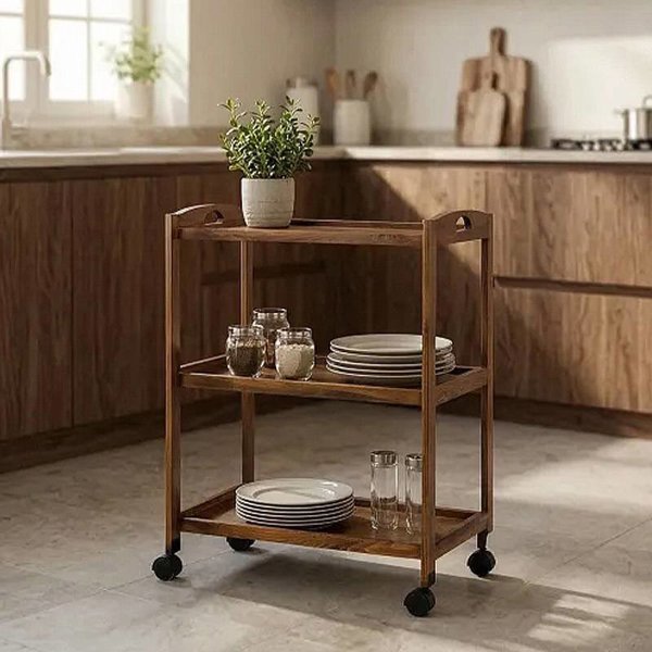 میز پذیرایی ترولی مدل TR04007، میز ترولی سرو و پذیرایی تمام چوب، میز پذیرایی شیک و خاص، مناسب برای رستوران و تالارها، چوب روس و قابل سفارش با چوب راش