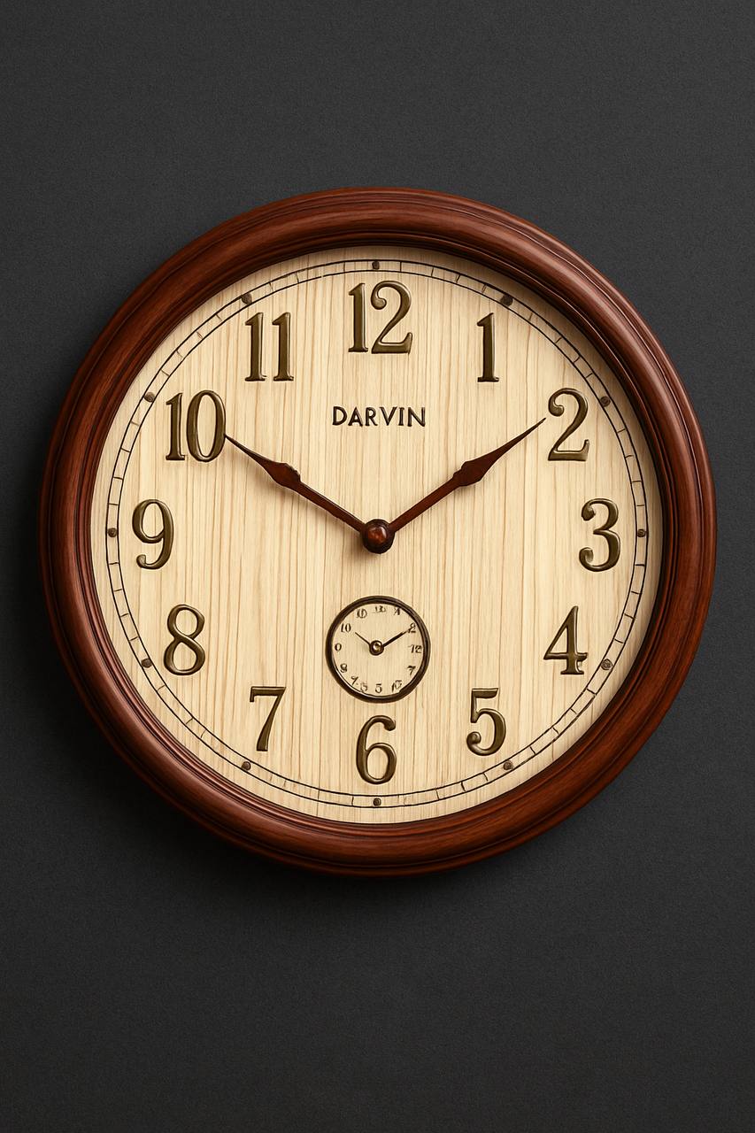 ساعت دیواری چوبی و دوموتوره داروین مدل 7301 سایز 70 و اعداد لاتین