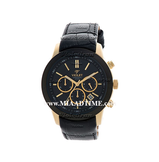 ساعت ویولت Violet مردانه کرنوگراف،گرد چرمی طلایی مشکی صفحه مشکی کد 0408/2G