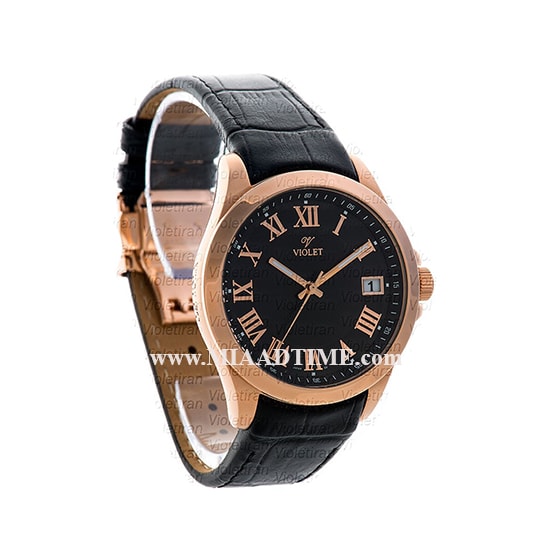 ساعت مچی ویولت مردانه کلاسیک گرد بند چرم رزگلد صفحه مشکی مدل 0460/2G