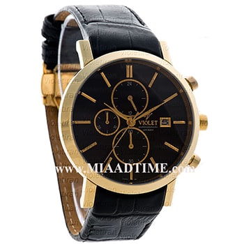 ساعت مچی ویولت مردانه کرنوگراف گرد چرمی طلایی صفحه مشکی مدل 0465/2G