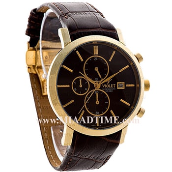 ساعت مچی ویولت مردانه کرنوگراف گرد بند چرم طلایی صفحه قهوه ای مدل 0465/2G