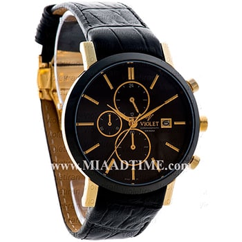 ساعت مچی ویولت مردانه کرنوگراف گرد بند چرم طلایی مشکی صفحه مشکی مدل 0465/2G
