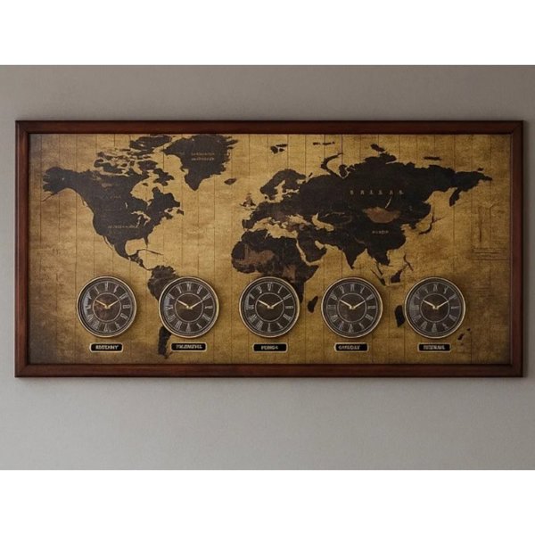 ساعت دیواری چند زمانه شوبرت مدل 6061، ساعت دیواری جهان نما طرح نقشه جهان با فریم چوبی، ساعت دیواری مناسب هتل، صرافی، سالن پذیرایی
