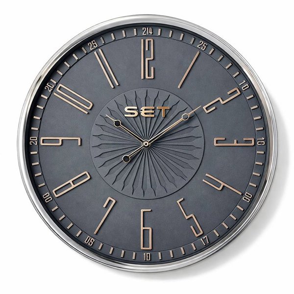 ساعت دیواری ست Set مدل M104، ساعت دیواری با متریال فریم دور فلز، دارای موتور آرامگرد درجه یک، اعداد رومی و برجسته، سایز 65 سانتی متر، رنگ نقره ای سفید