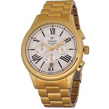 ساعت مچی ویولت مردانه،کرنوگراف،گرد فلزی،طلایی،صفحه سفید،مدل 0401/2G
