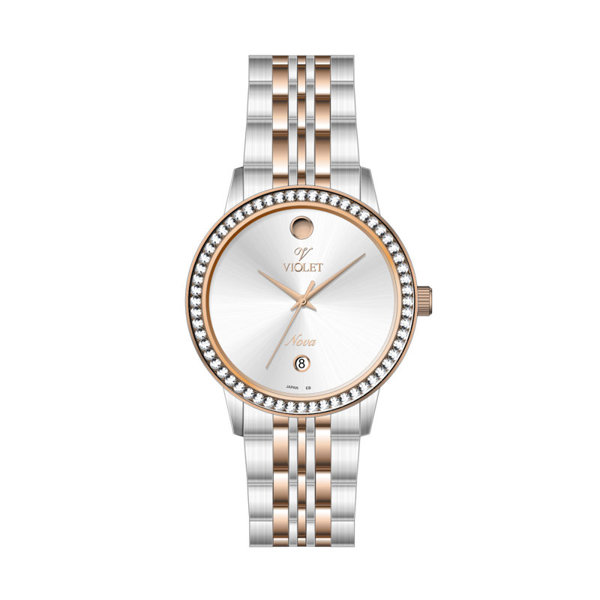 ساعت مچی ویولت، زنانه تک موتوره،گرد فلزی،دو رنگ استیل رزگلد،صفحه نقره ای کد 32759/2