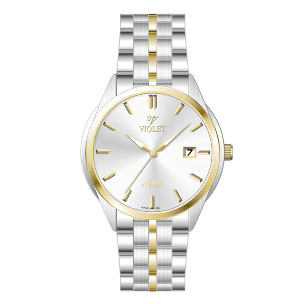 ساعت مچی ویولت، مردانه تک موتوره،گرد فلزی،دورنگ استیل طلایی،صفحه نقره ای مدل 32766/2